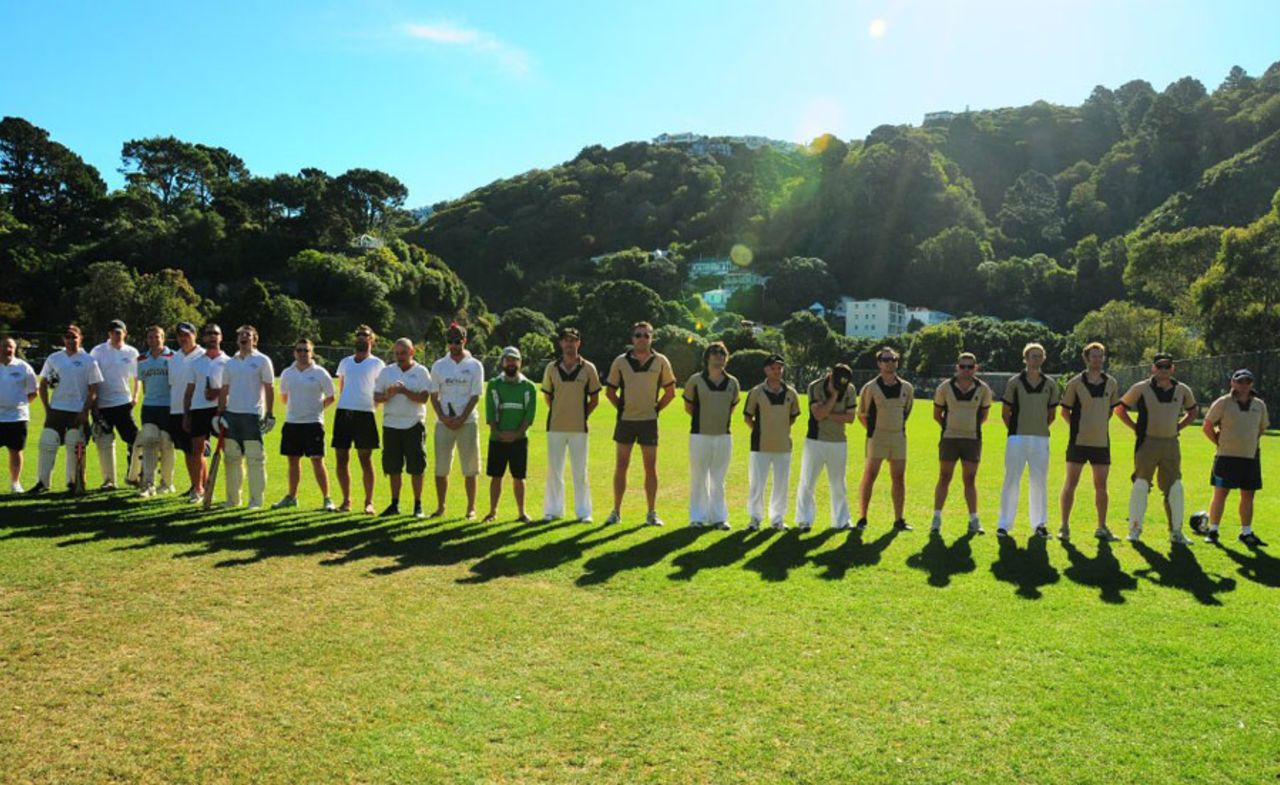 The Beige Brigade and the Barmy Army line up before their T20 match, Anderson Park, Wellington, March 13, 2013