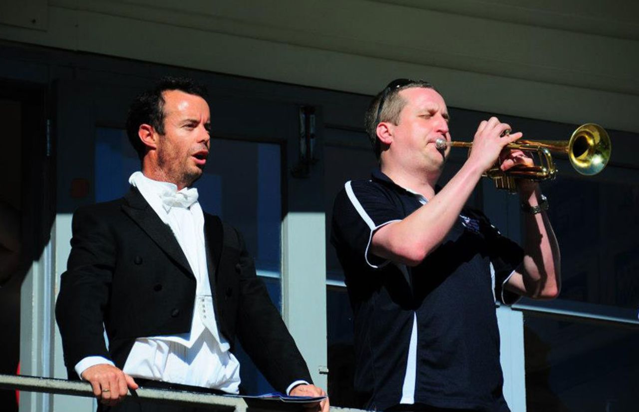 Simon Christie of the Beige Brigade and Barmy Army trumpeter Billy Cooper, Anderson Park, Wellington, March 13, 2013