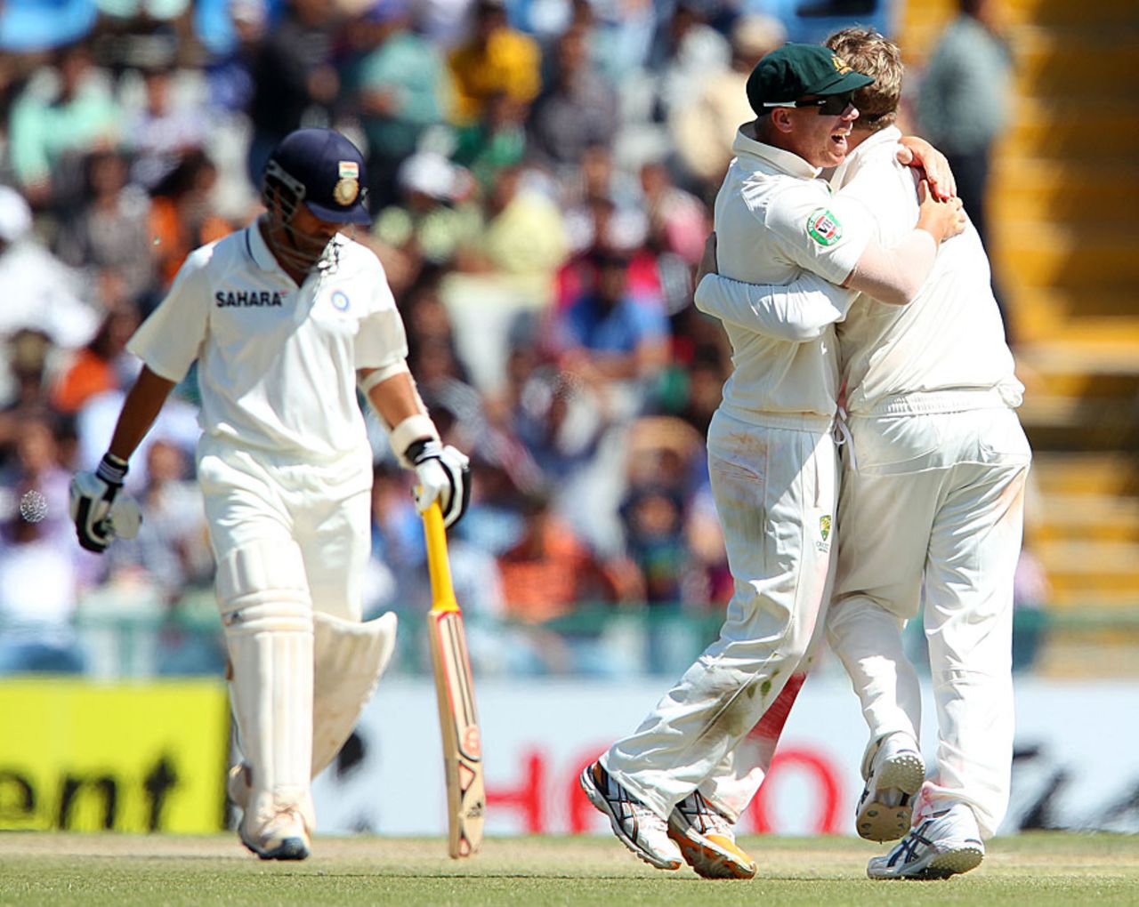 The Australians are ecstatic after dismissing Sachin Tendulkar, India v Australia, 3rd Test, Mohali, 4th day, March 17, 2013