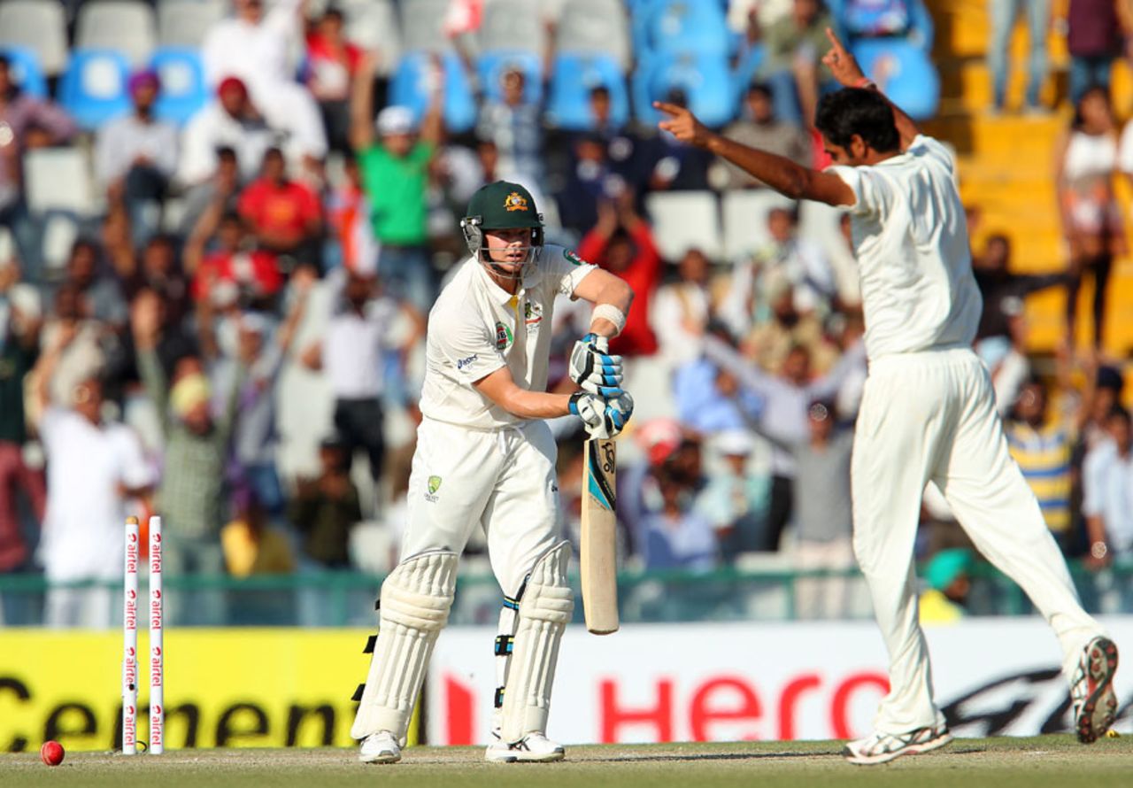Steven Smith was bowled by Bhuvneshwar Kumar for 5, India v Australia, 3rd Test, Mohali, 4th day, March 17, 2013