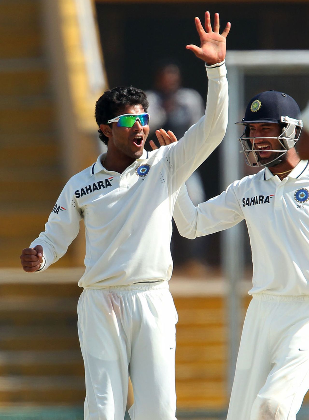 Ravindra Jadeja celebrates after dismissing Michael Clarke, India v Australia, 3rd Test, 5th day, Mohali, March 18, 2013
