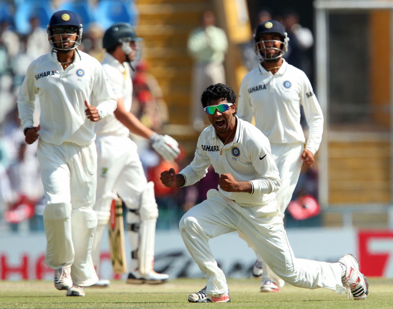 Ravindra Jadeja celebrates after taking a return catch to dismiss Moises Henriques, India v Australia, 3rd Test, 5th day, Mohali, March 18, 2013