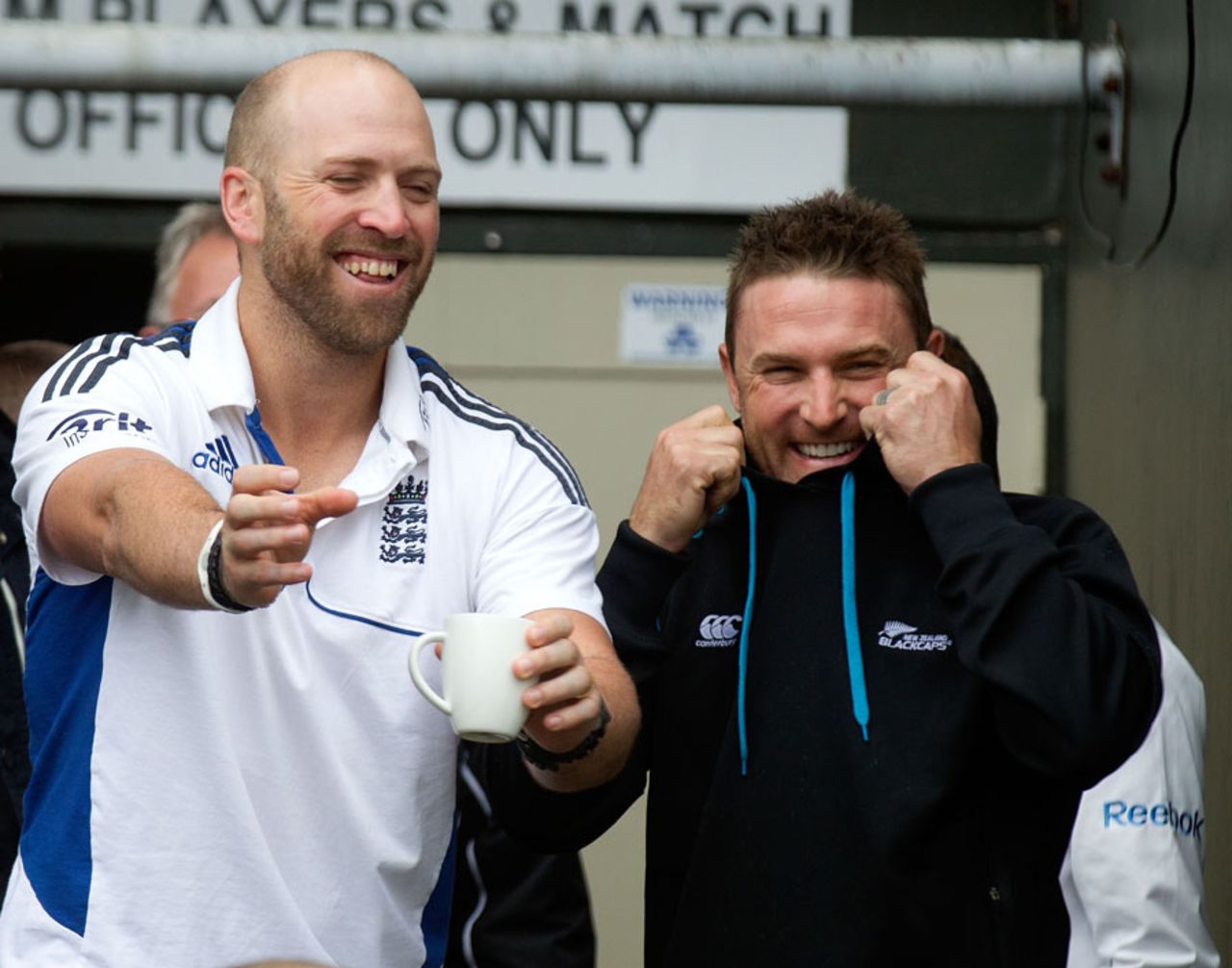 Matt Prior and Brendon McCullum share a laugh after the fifth day's play was abandoned, New Zealand v England, 2nd Test, 5th day, Wellington, March 18, 2013