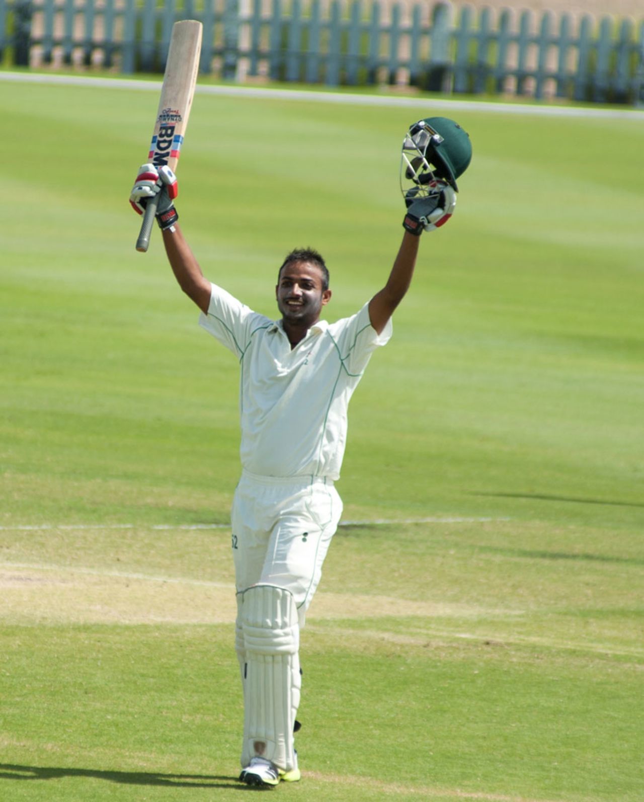Rakep Patel celebrates his maiden first-class century, Canada v Kenya, ICC Intercontinental Cup, Sharjah, 3rd day, March 20, 2013
