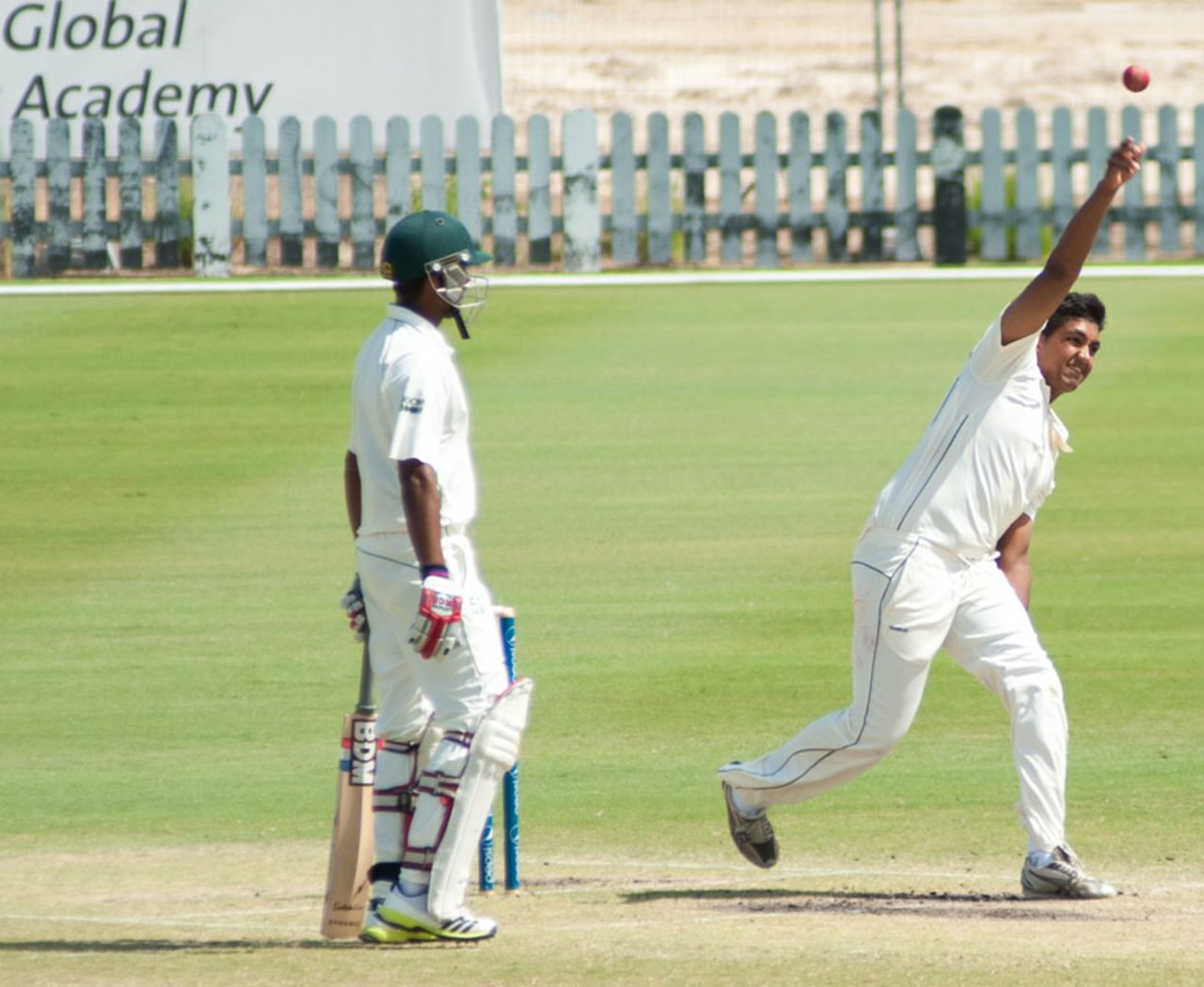 Nikhil Dutta completes his bowling action, Canada v Kenya, ICC Intercontinental Cup, Sharjah, 3rd day, March 20, 2013