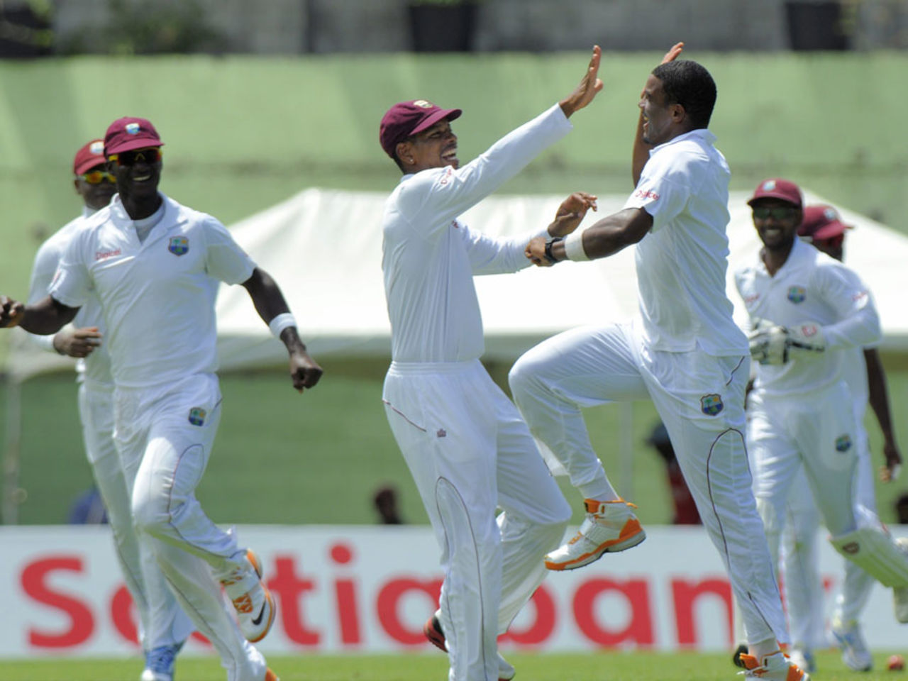 Shannon Gabriel celebrates one of his two early wickets, West Indies v Zimbabwe, 2nd Test, Roseau, 1st day, March 20, 2013