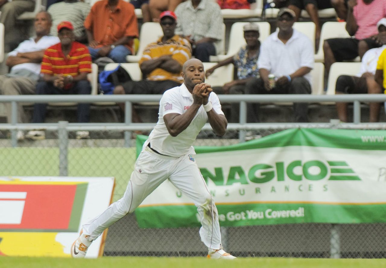 Tino Best claimed a catch in the deep to dismiss Malcolm Waller, West Indies v Zimbabwe, 2nd Test, Roseau, 1st day, March 20, 2013