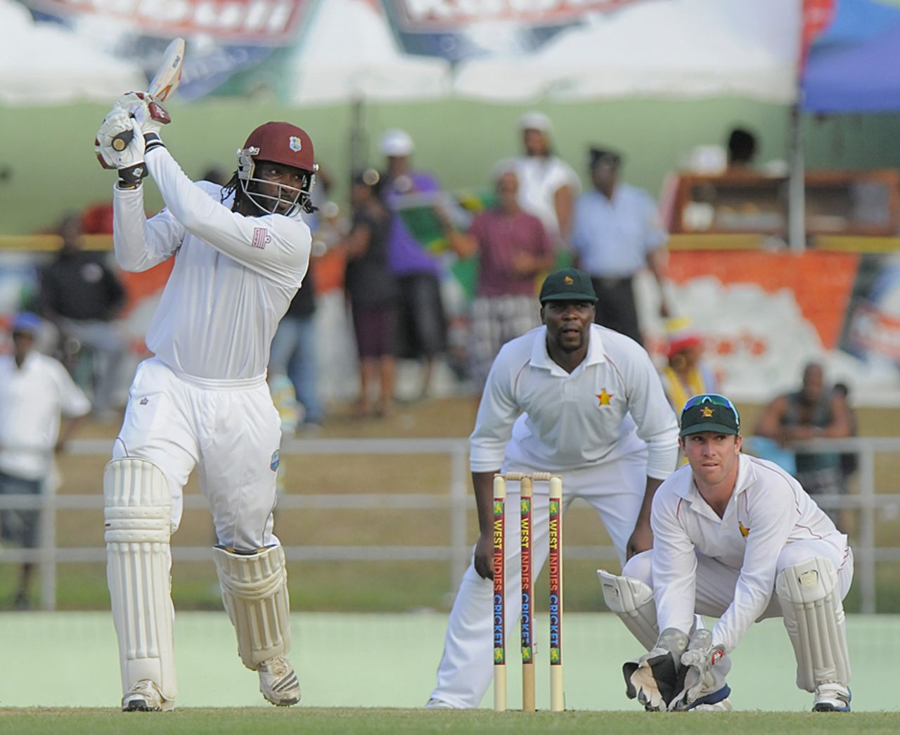 Chris Gayle hits through the off side, West Indies v Zimbabwe, 2nd Test, Dominica, 1st day, March 21, 2013