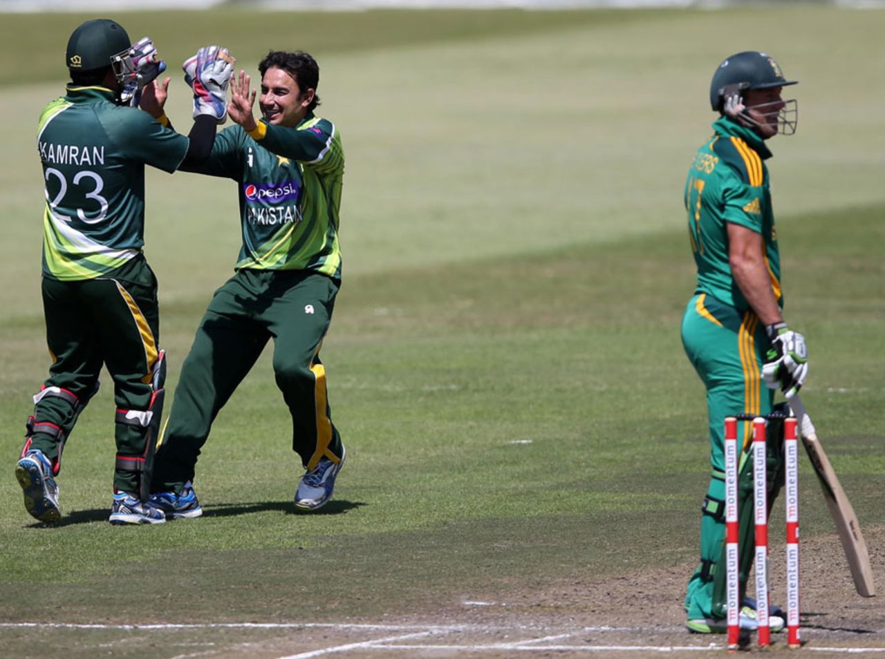 Saeed Ajmal celebrates AB de Villiers' wicket, South Africa v Pakistan, 4th ODI, Durban, March 21, 2013