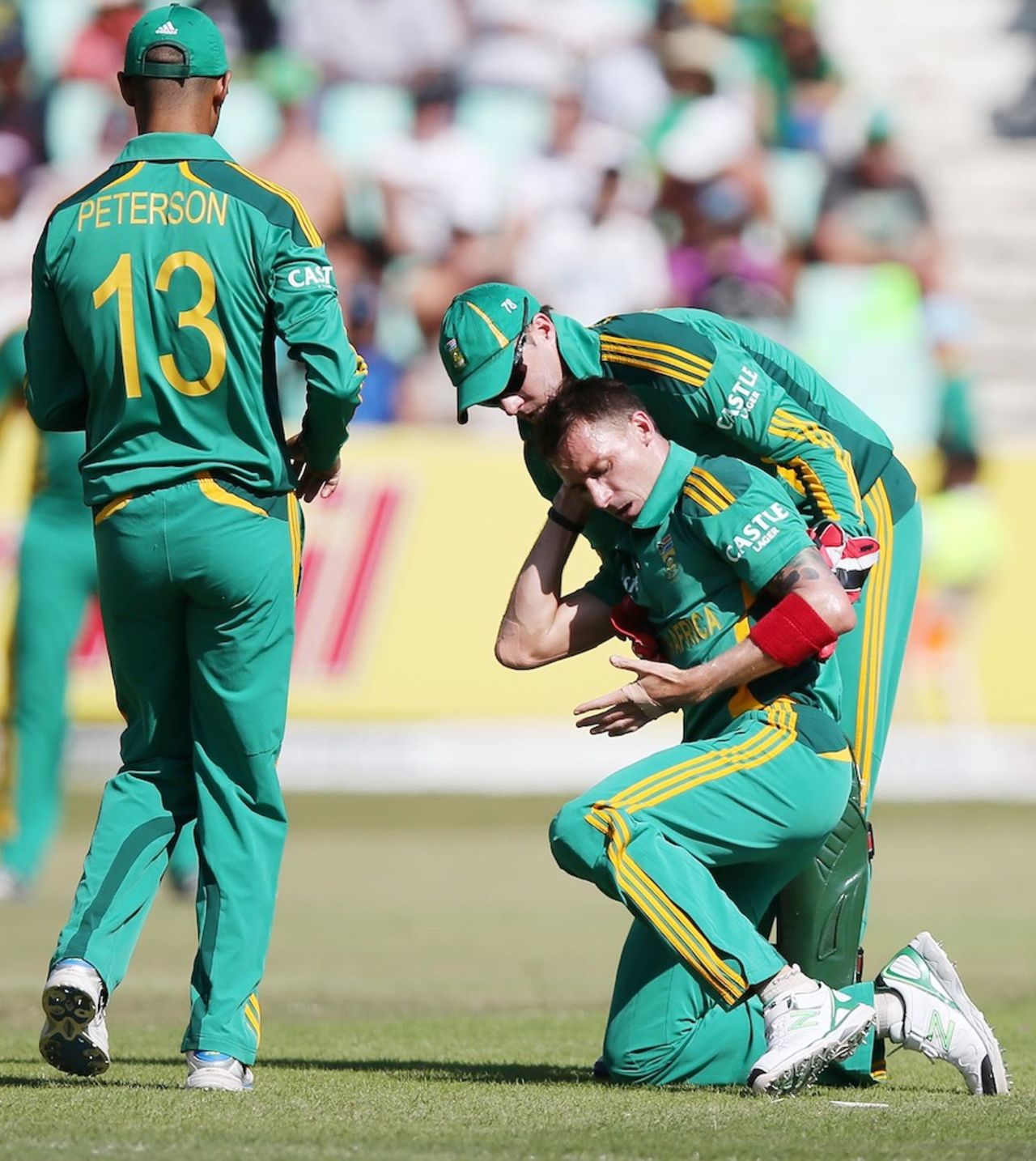 Dale Steyn receives attention after injuring his shoulder , South Africa v Pakistan, 4th ODI, Durban, March 21, 2013