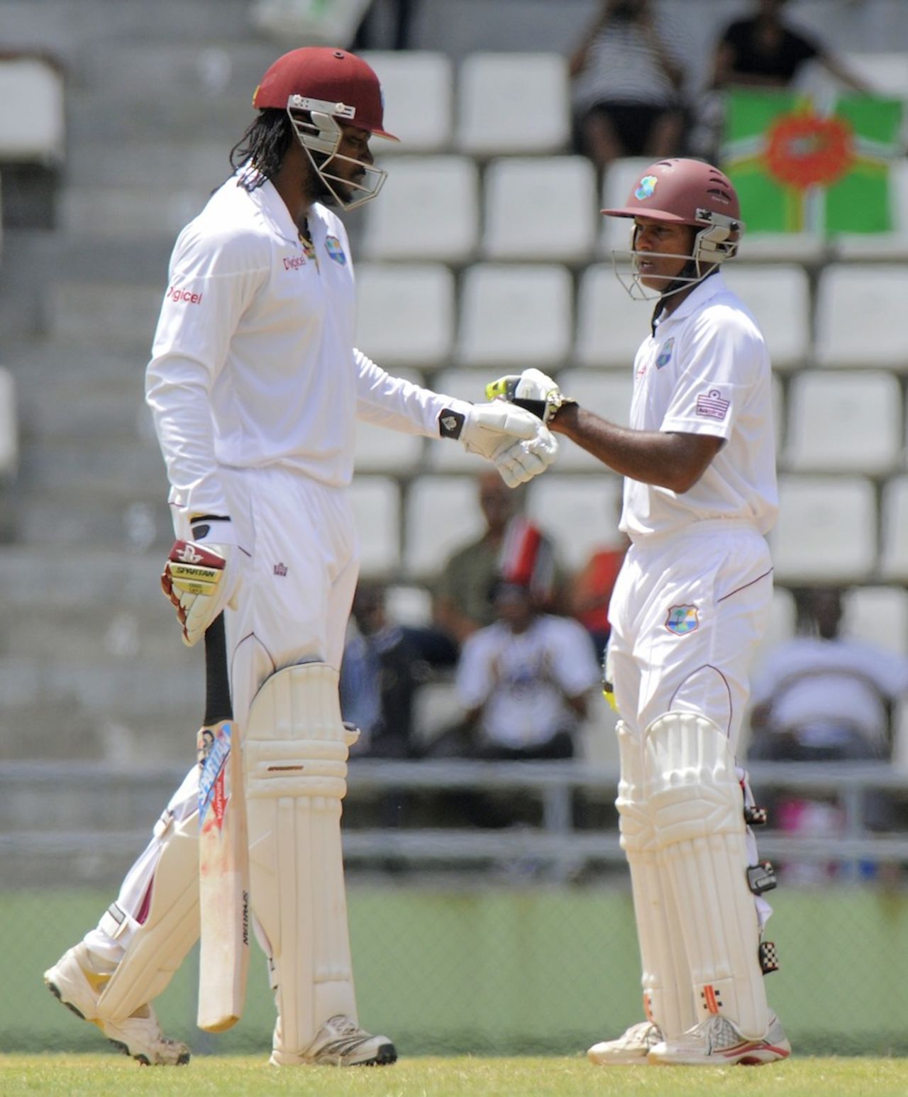 Shivnarine Chanderpaul and Chris Gayle punch gloves, West Indies v Zimbabwe, 2nd Test, Roseau, 2nd day, March 21, 2013