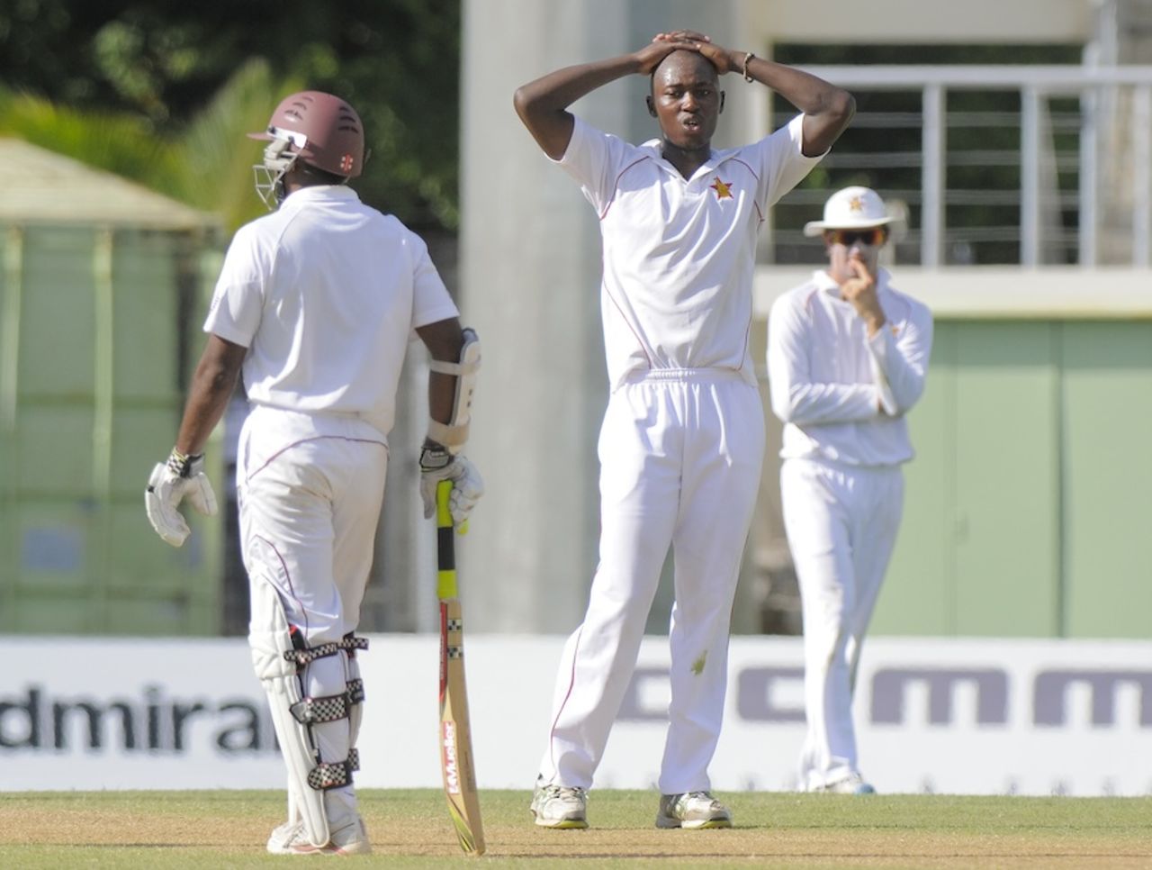 Tendai Chatara has his hands on his head, West Indies v Zimbabwe, 2nd Test, Roseau, 2nd day, March 21, 2013