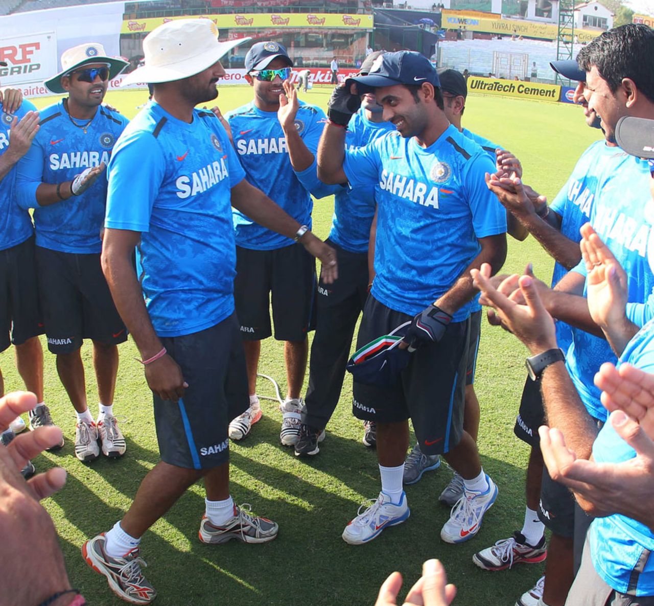 Harbhajan Singh hands Ajinkya Rahane his Test cap, India v Australia, 4th Test, Delhi, 1st day, March 22, 2013