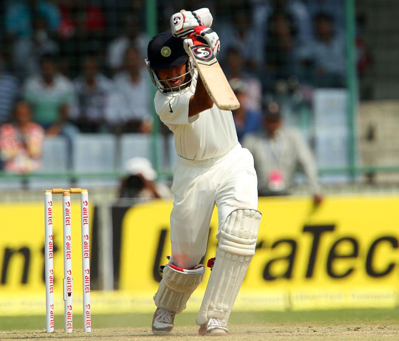 Cheteshwar Pujara drives down the ground, India v Australia, 4th Test, Delhi, 2nd day, March 23, 2013
