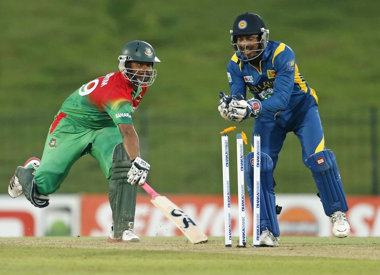 Tamim Iqbal was eventually run-out for 112, Sri Lanka v Bangladesh, 1st ODI, Hambantota, March 23, 2013 