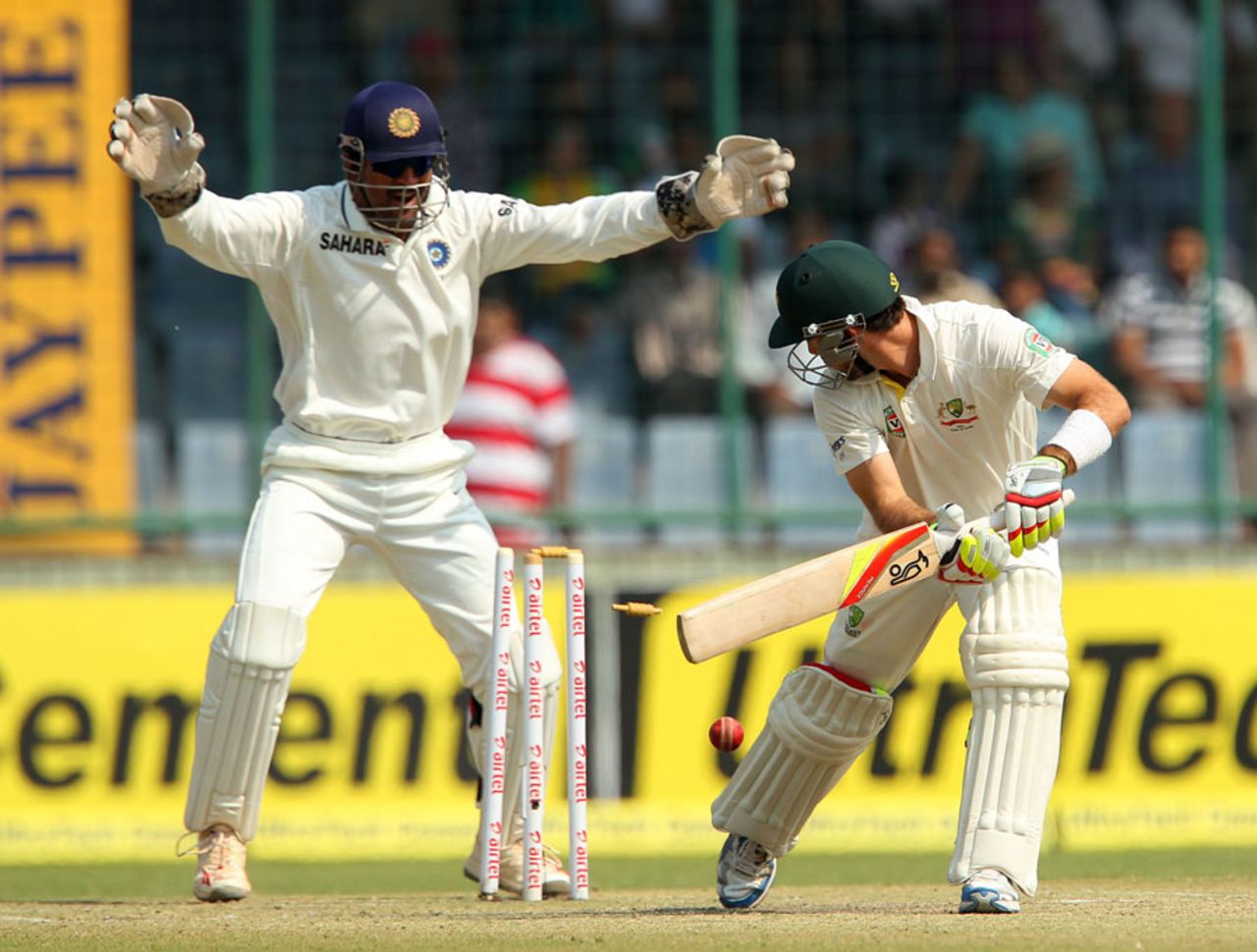 Glenn Maxwell was bowled by Ravindra Jadeja for eight runs, India v Australia, 4th Test, 3rd day, March 24, 2013