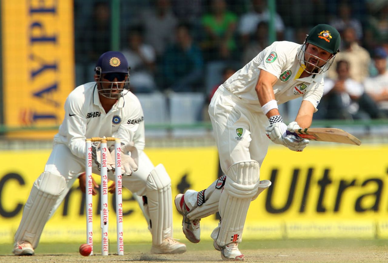Ed Cowan hits to the leg side, India v Australia, 4th Test, Delhi, 3rd day, March 24, 2013