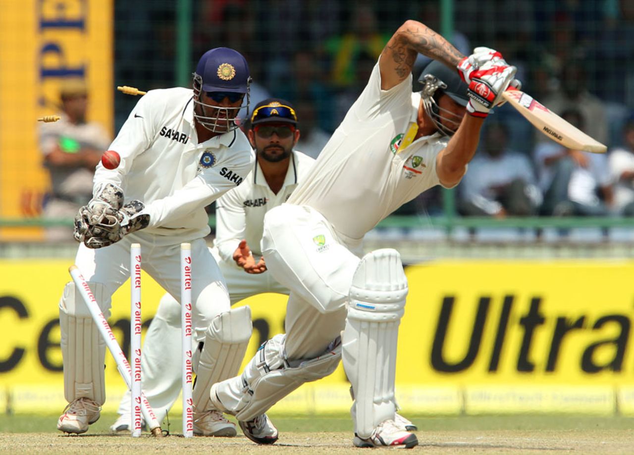 Mitchell Johnson is bowled through the gate, India v Australia, 4th Test, Delhi, 3rd day, March 24, 2013