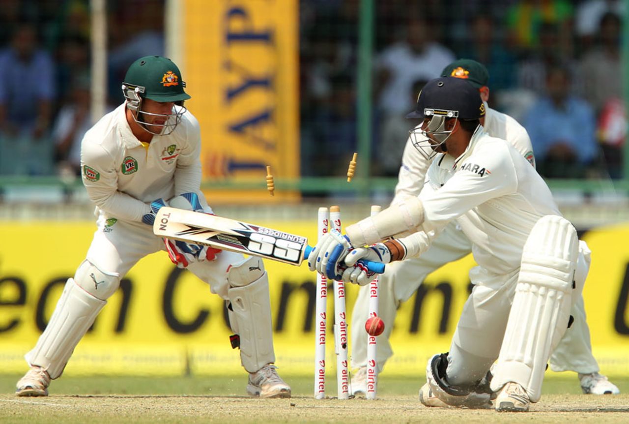 M Vijay is bowled between his legs, India v Australia, 4th Test, Delhi, 3rd day, March 24, 2013