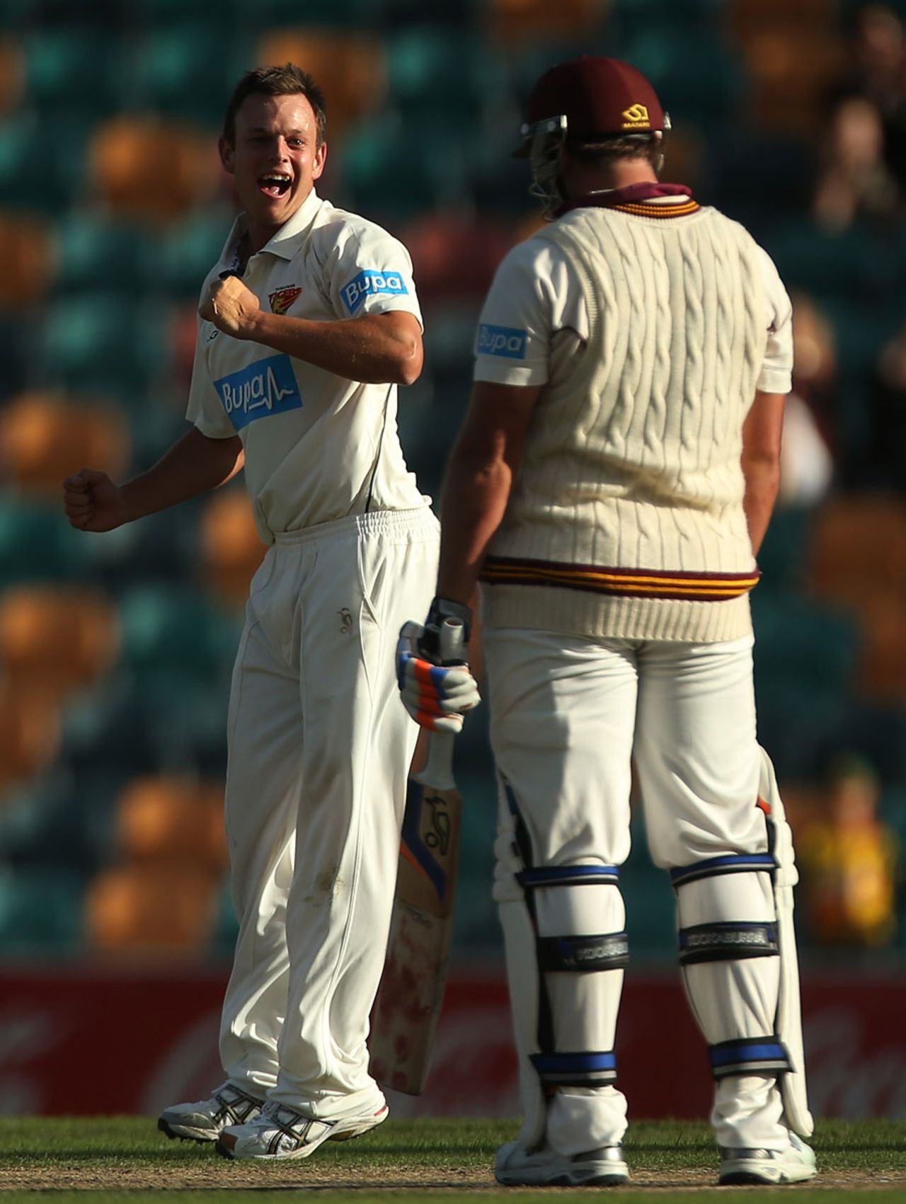 Evan Gulbis celebrates after dismissing Queensland batsman Peter Forrest, Tasmania v Queensland, Sheffield Shield final, 3rd day, Hobart, March 24, 2013