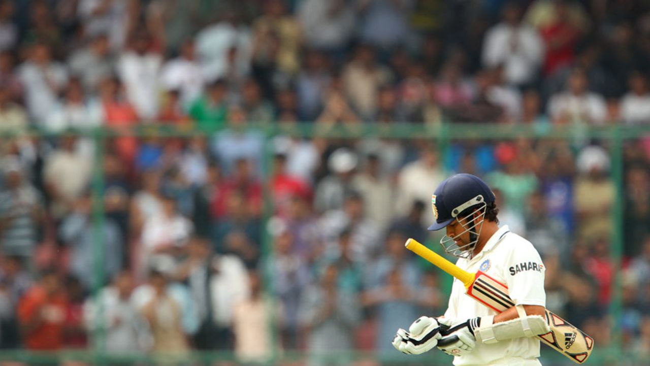Sachin Tendulkar walks back after being dismissed, India v Australia, 4th Test, Delhi, 3rd day, March 24, 2013