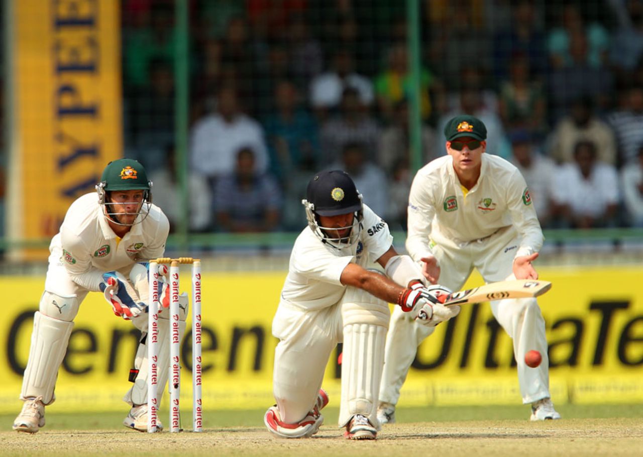 Cheteshwar Pujara sweeps, India v Australia, 4th Test, Delhi, 3rd day, March 24, 2013