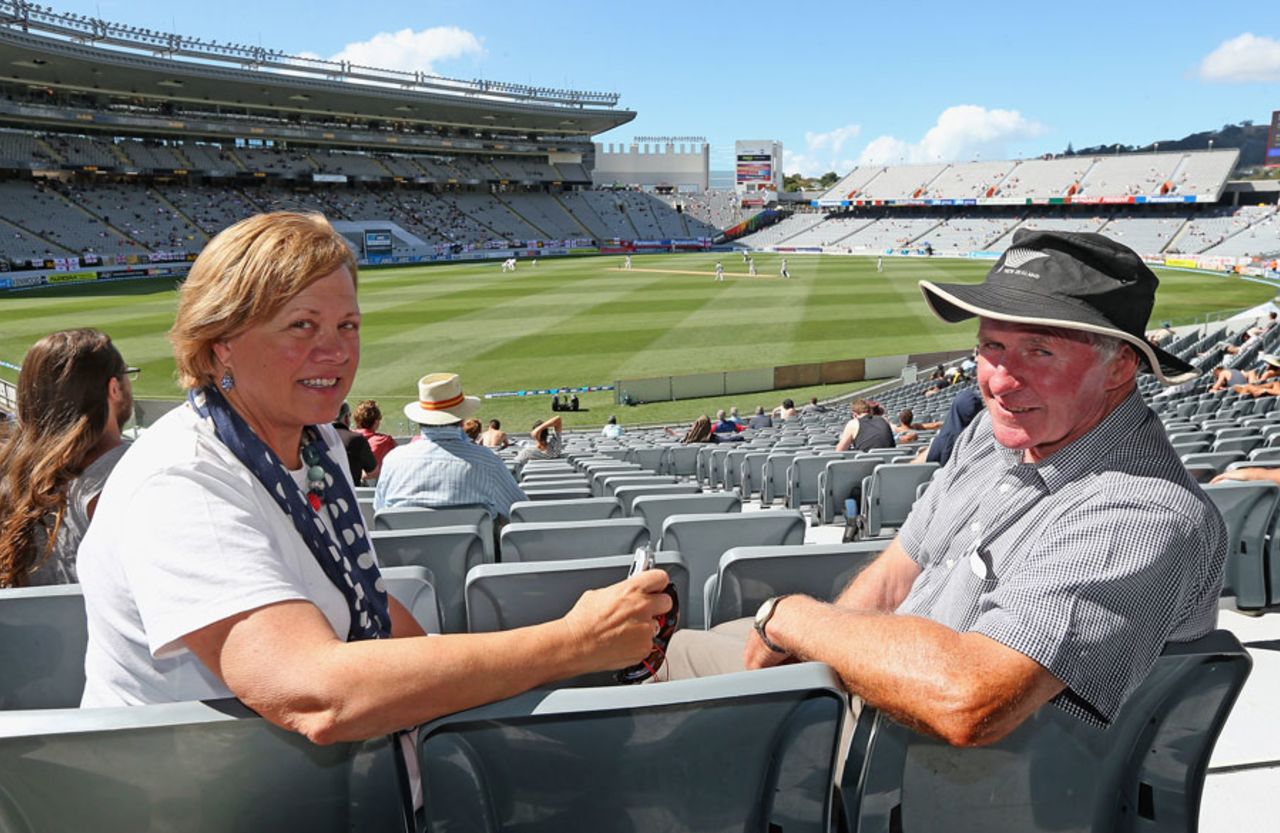 Peter Fulton's parents, Wendy and Gordon Fulton, watch the fourth day's play at Eden Park, New Zealand v England, 3rd Test, 4th day, Auckland, March 25, 2013