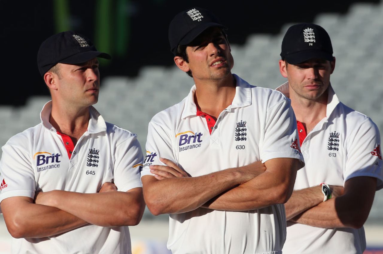 Jonathan Trott, Alastair Cook and James Anderson contemplate the draw, New Zealand v England, 3rd Test, Auckland, 5th day, March 26, 2013