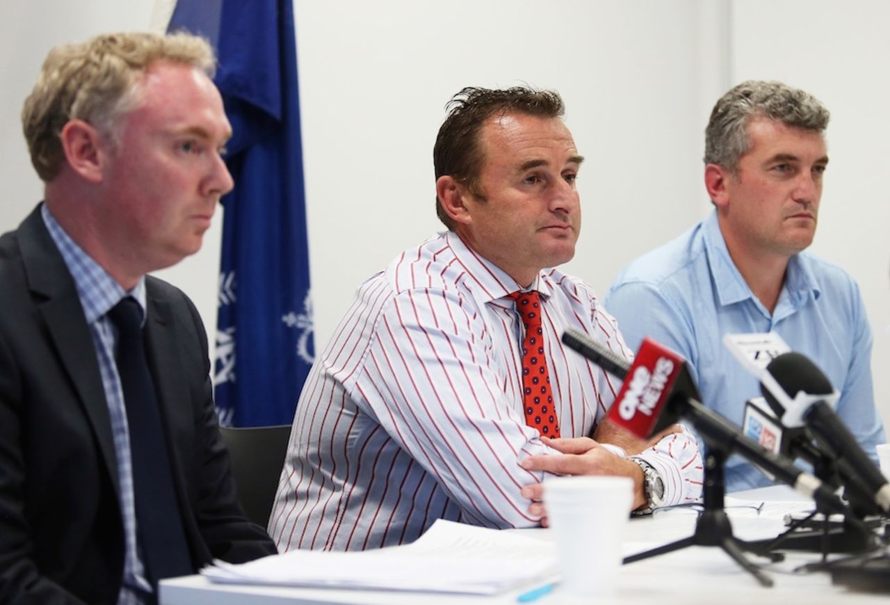 NZCPA chief executive Heath Mills (right), police detective senior sergeant Brian Archer (centre) and Cricket Wellington chief executive Peter Clinton at a press conference after Jesse Ryder was assaulted in Christchurch, March 28, 2013
