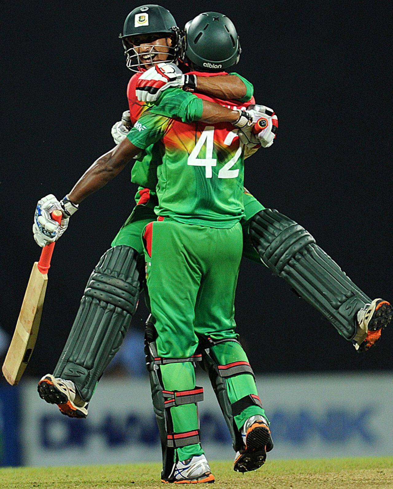 Nasir Hossain celebrates Bangladesh's victory with Sohag Gazi, Sri Lanka v Bangladesh, 3rd ODI, Pallekele, March 28, 2013
