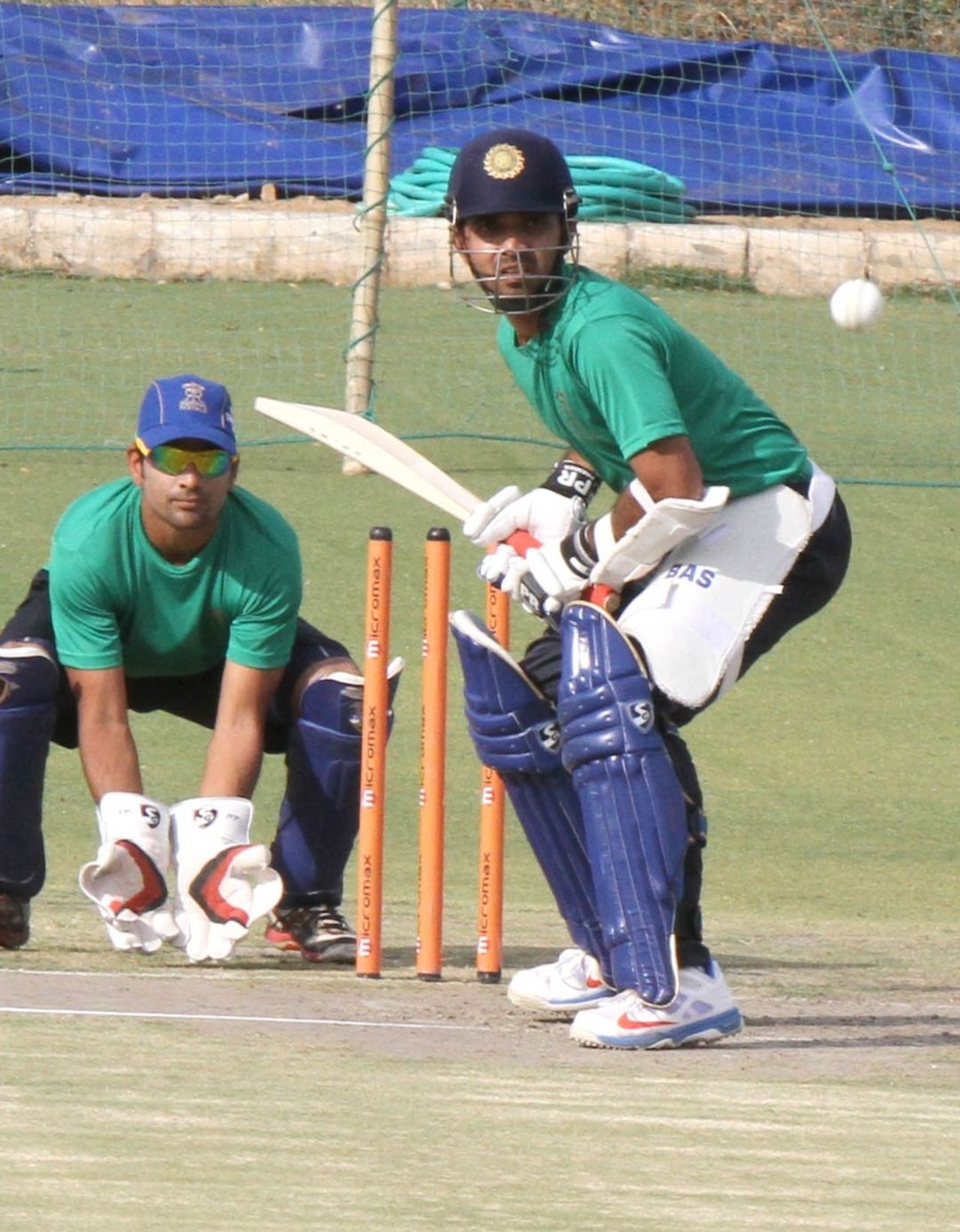 Ajinkya Rahane prepares to play a shot during a practice session at the Sawai Mansingh Stadium in Jaipur