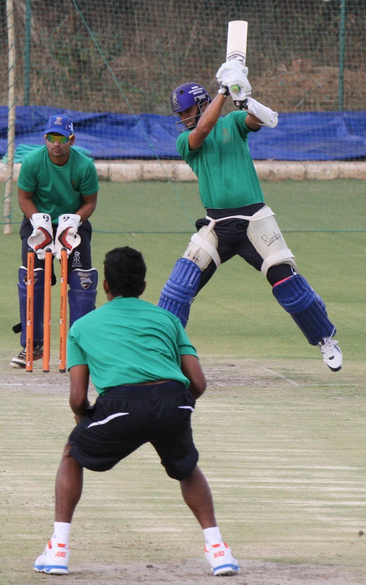 Rahul Dravid plays a shot during a Rajasthan Royals practice session at the Sawai Mansingh Stadium in Jaipur