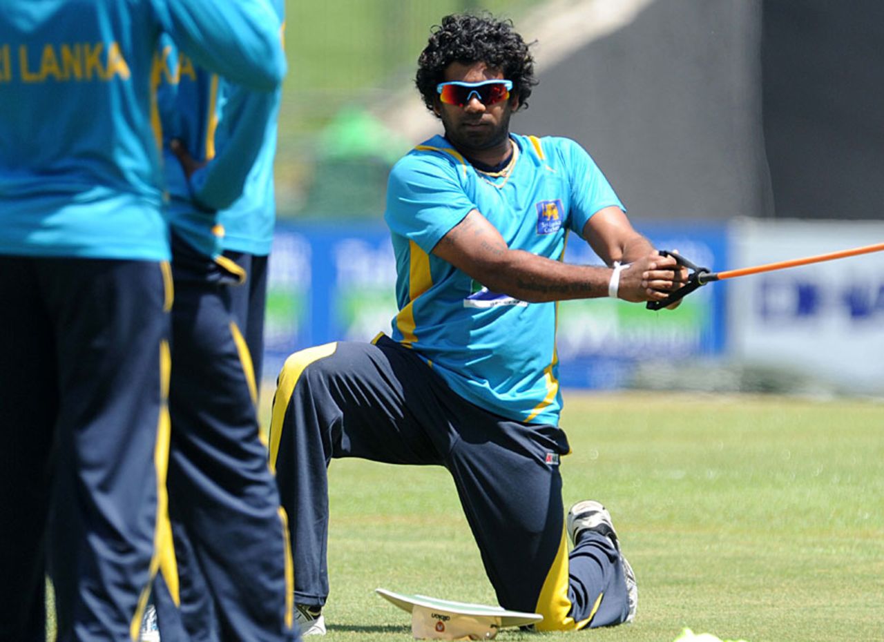 Lasith Malinga trains during a practice session in Pallekele before the T20 match between Sri Lanka and Bangladesh, March 30, 2013