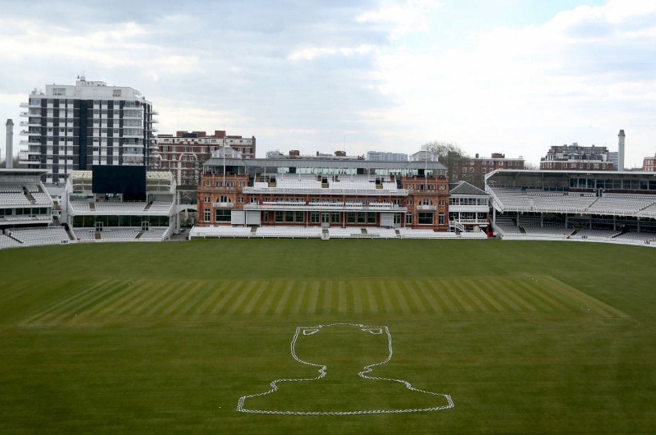 1000 silver replicas of the Ashes urn on the outfield, Lord's, April 1, 2013