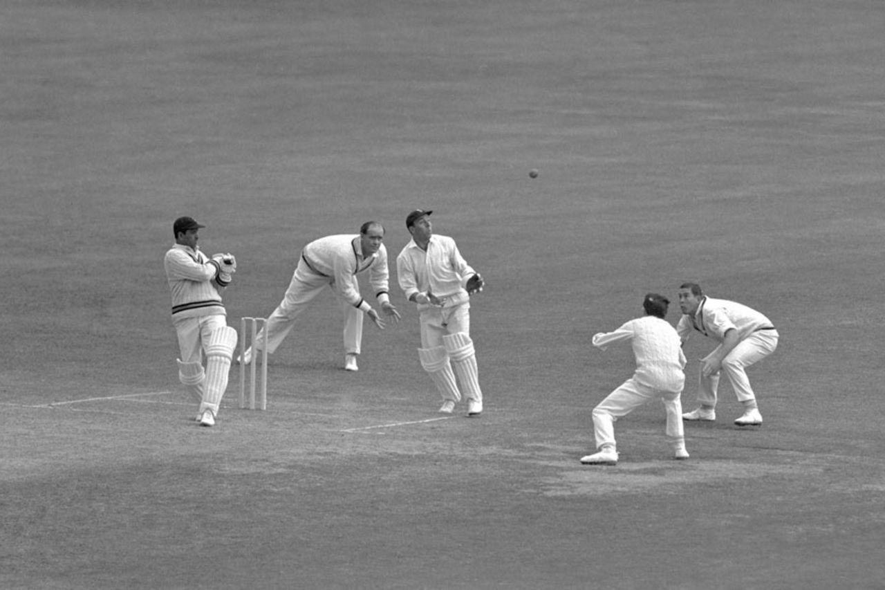 Chandu Borde bats, watched by Brian Close, wicketkeeper John Murray, Mike Denness and John Hampshire, MCC v Indians, Lord's, May 23, 1967