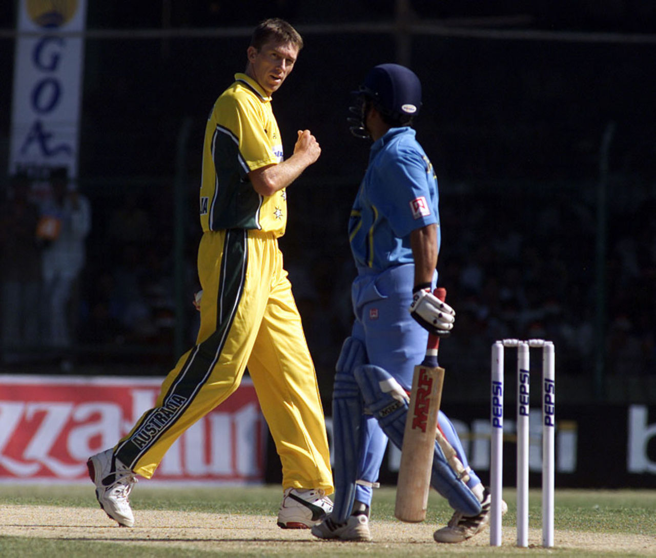 Glenn McGrath and Sachin Tendulkar exchange words, India v Australia, 2nd ODI, Pune, March 28, 2001