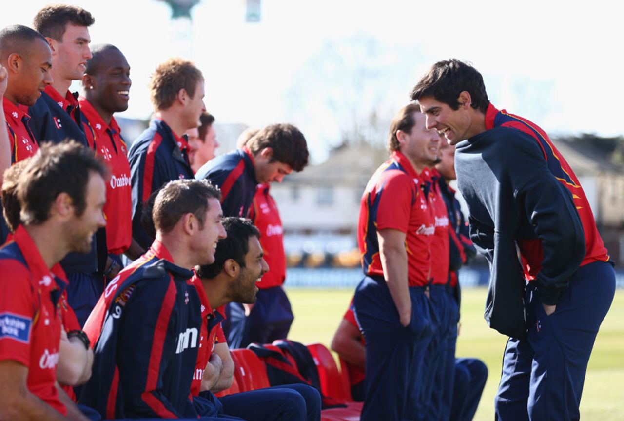Alastair Cook shares a joke with Ravi Bopara and David Masters, Chelmsford, April 2, 2013