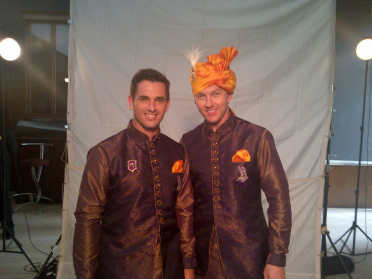 Ryan ten Doeschate and Brett Lee in Indian formal clothes at a promotional event, March 2013