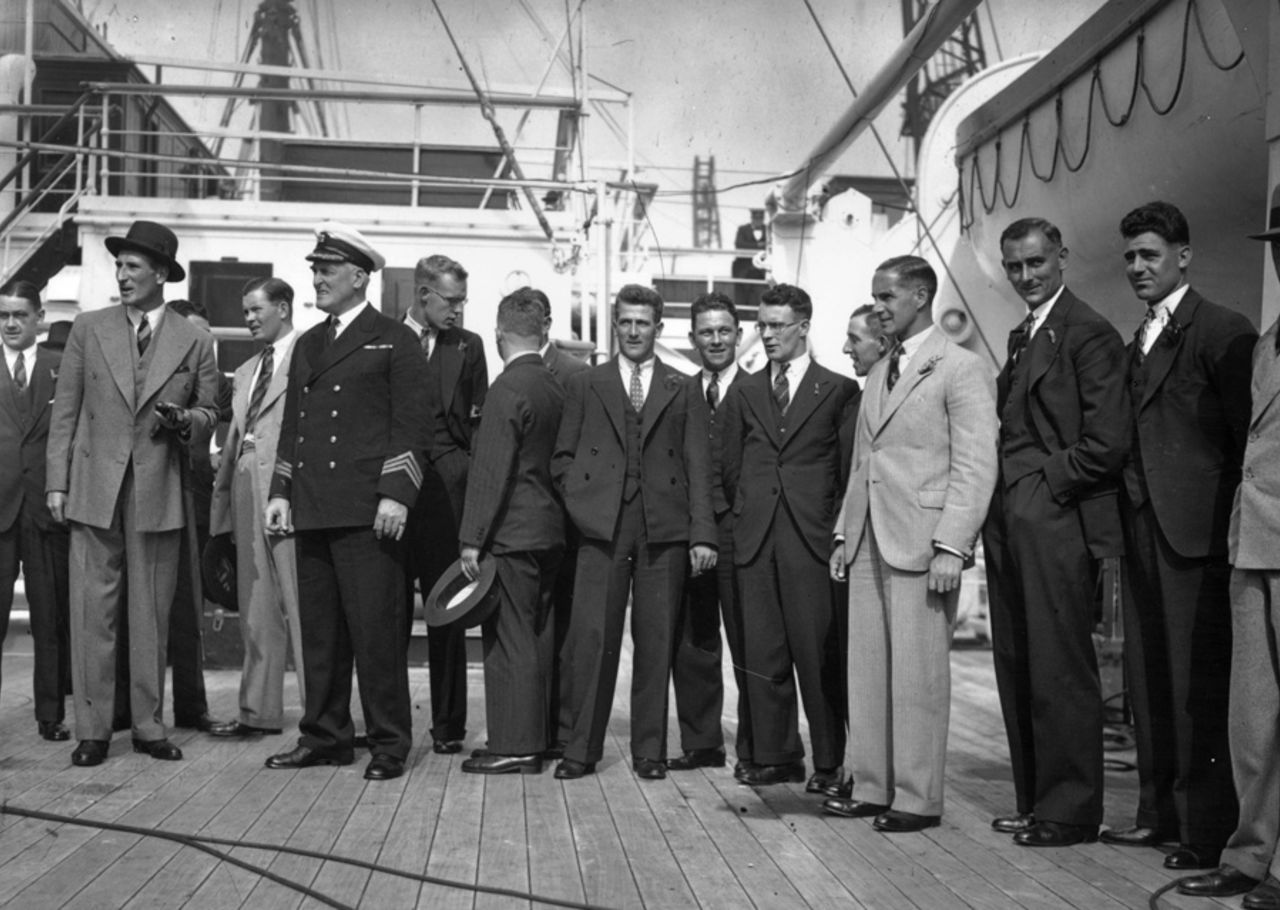 Members of the MCC team on board the <i>Orontes</i> at Tillbury waiting to depart to Australia. From left to right: Walter Hammond, Douglas Jardine, Freddie Brown, Bill Bowes, Frank Duckworth (head turned), Harold Larwood, Maurice Leyland, Tommy Mitchell, Eddie Paynter, Herbert Sutcliffe, Hedley Verity, Bill Voce and Bob Wyatt, September 17, 1932