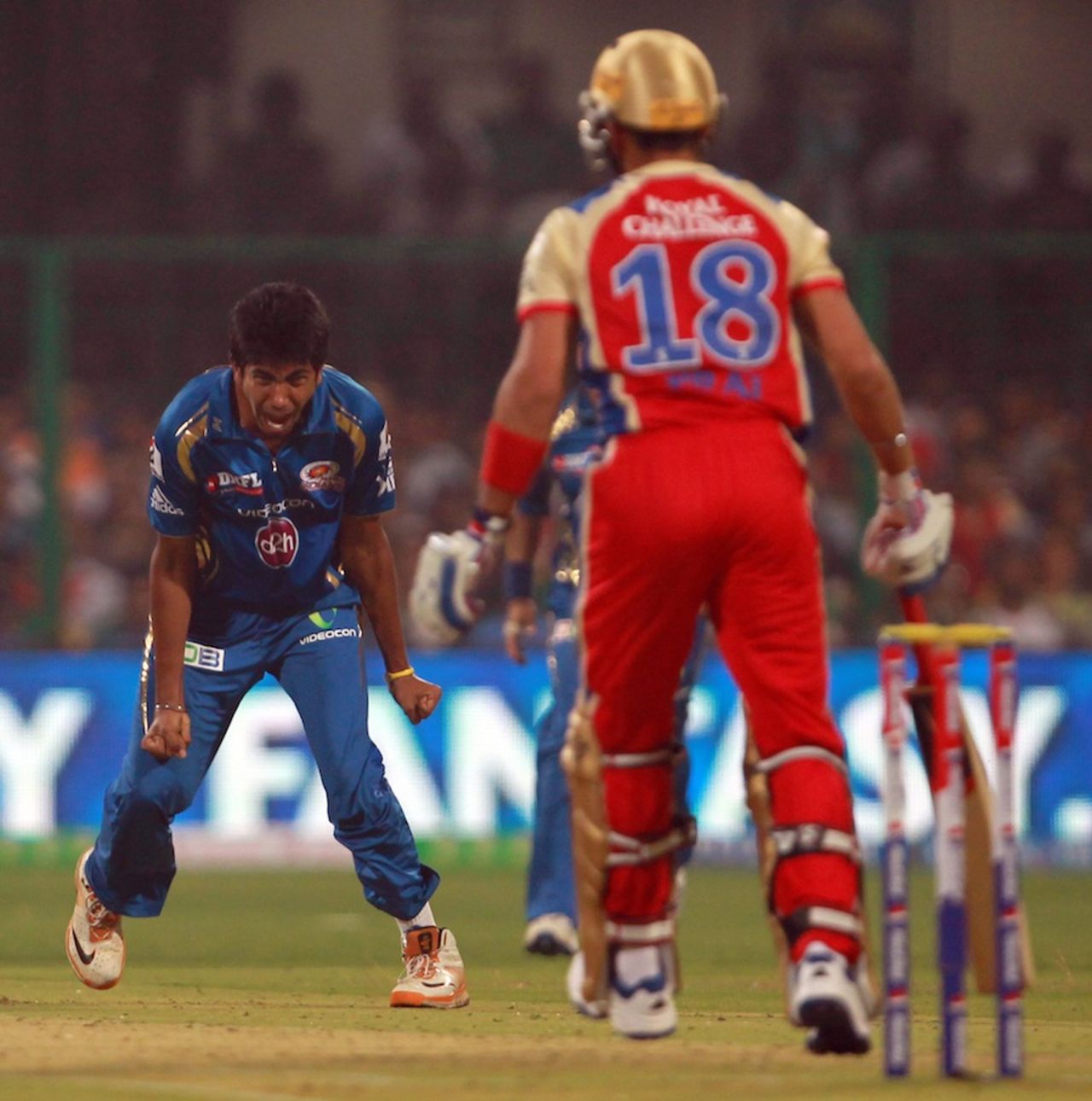 Jasprit Bumrah lets out a cry after picking Virat Kohli's wicket, Royal Challengers Bangalore v Mumbai Indians, IPL, Bangalore, April 4, 2013