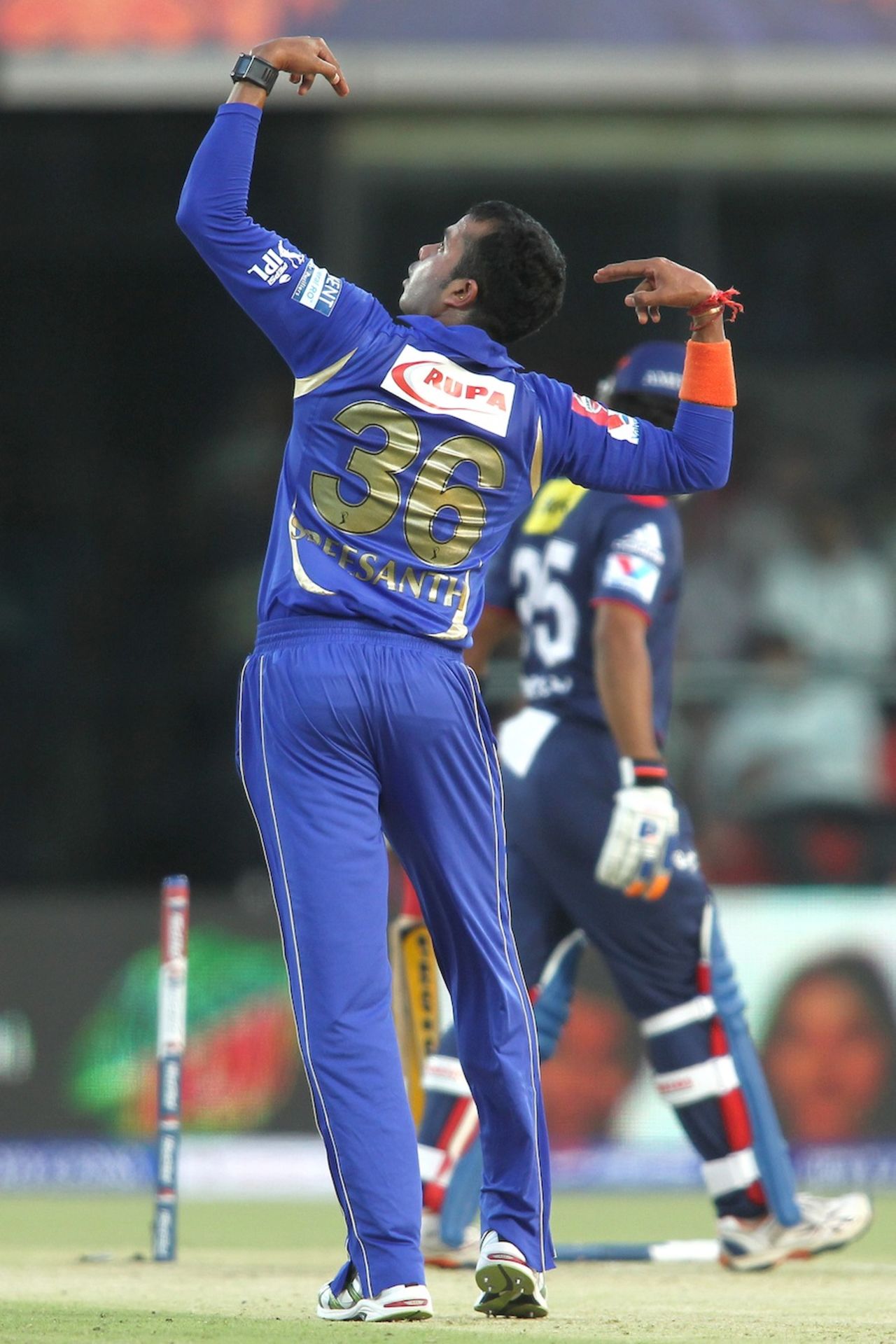 S Sreesanth gestures after dismissing Unmukt Chand, Delhi Daredevils v Rajasthan Royals, IPL, Delhi, April 6, 2013
