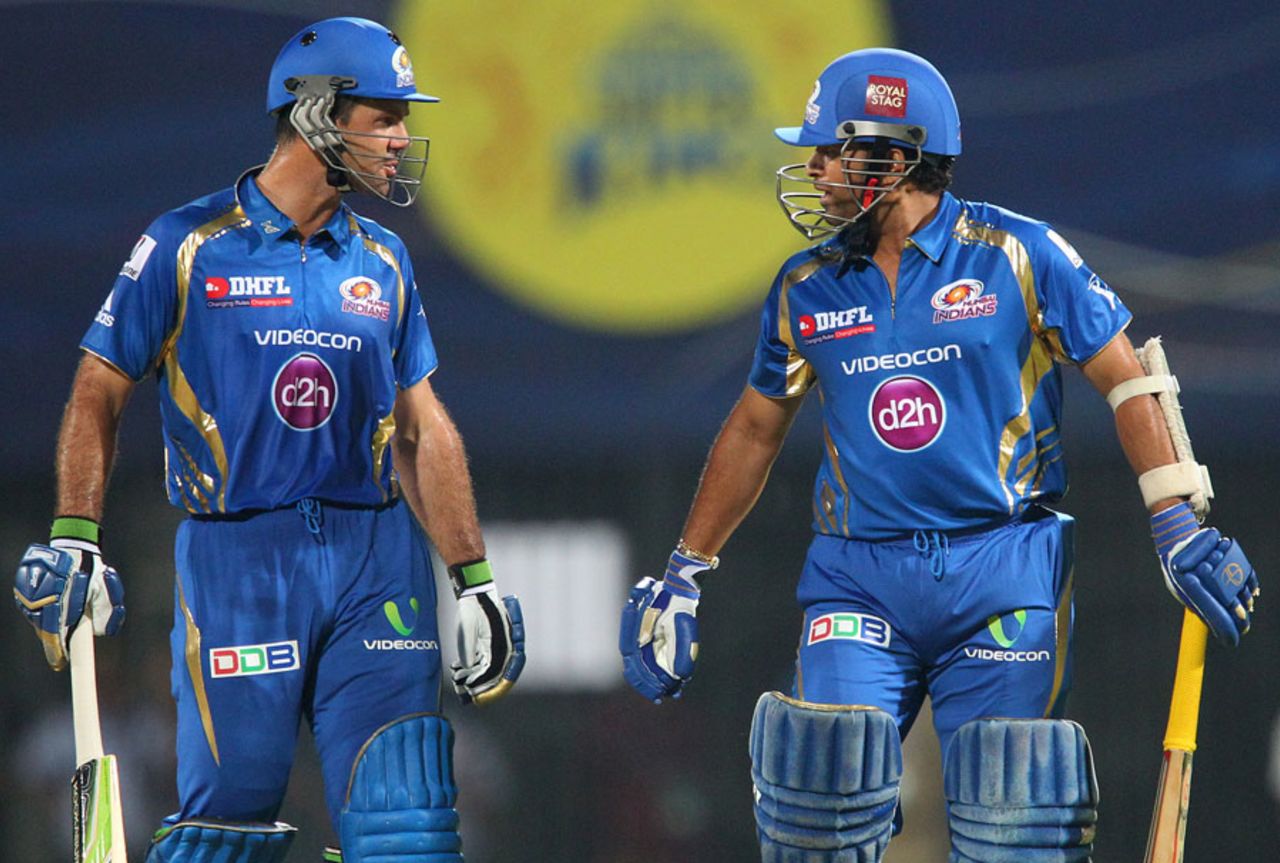 Ricky Ponting discusses with Sachin Tendulkar after he was dismissed leg before, Chennai Super Kings v Mumbai Indians, IPL, Chennai, April 6, 2013