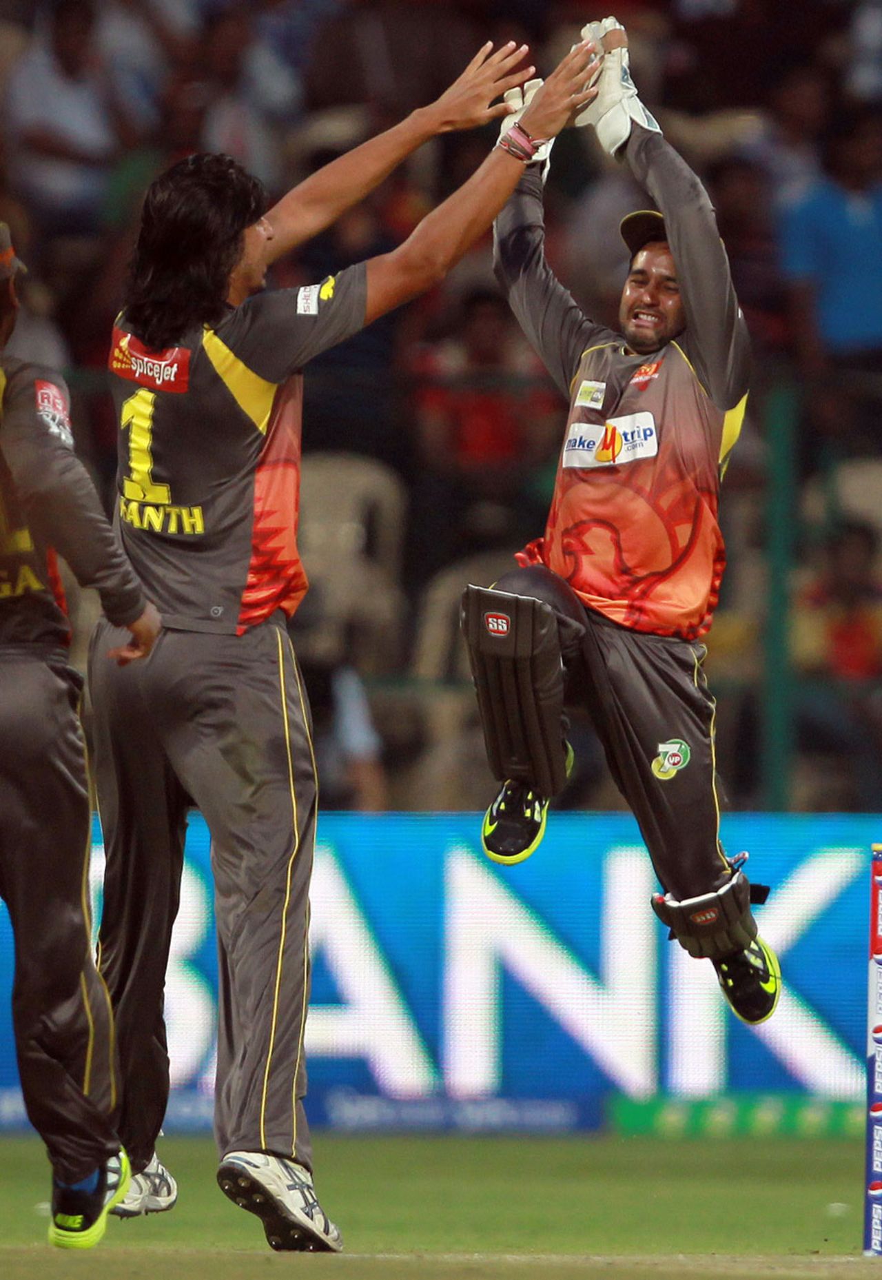 Ishant Sharma celebrates with Parthiv Patel, Royal Challengers Bangalore v Sunrisers Hyderabad, IPL, Bangalore, April 9, 2013