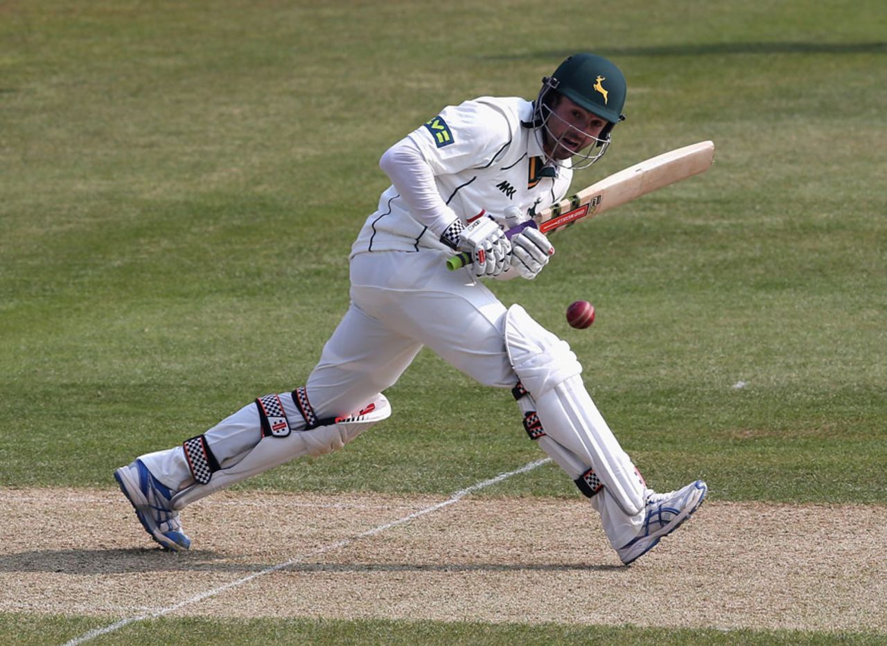Ed Cowan gets forward on his Notts debut, Nottinghamshire v Middlesex, County Championship, Division One, Trent Bridge, 1st day, April 10, 2013