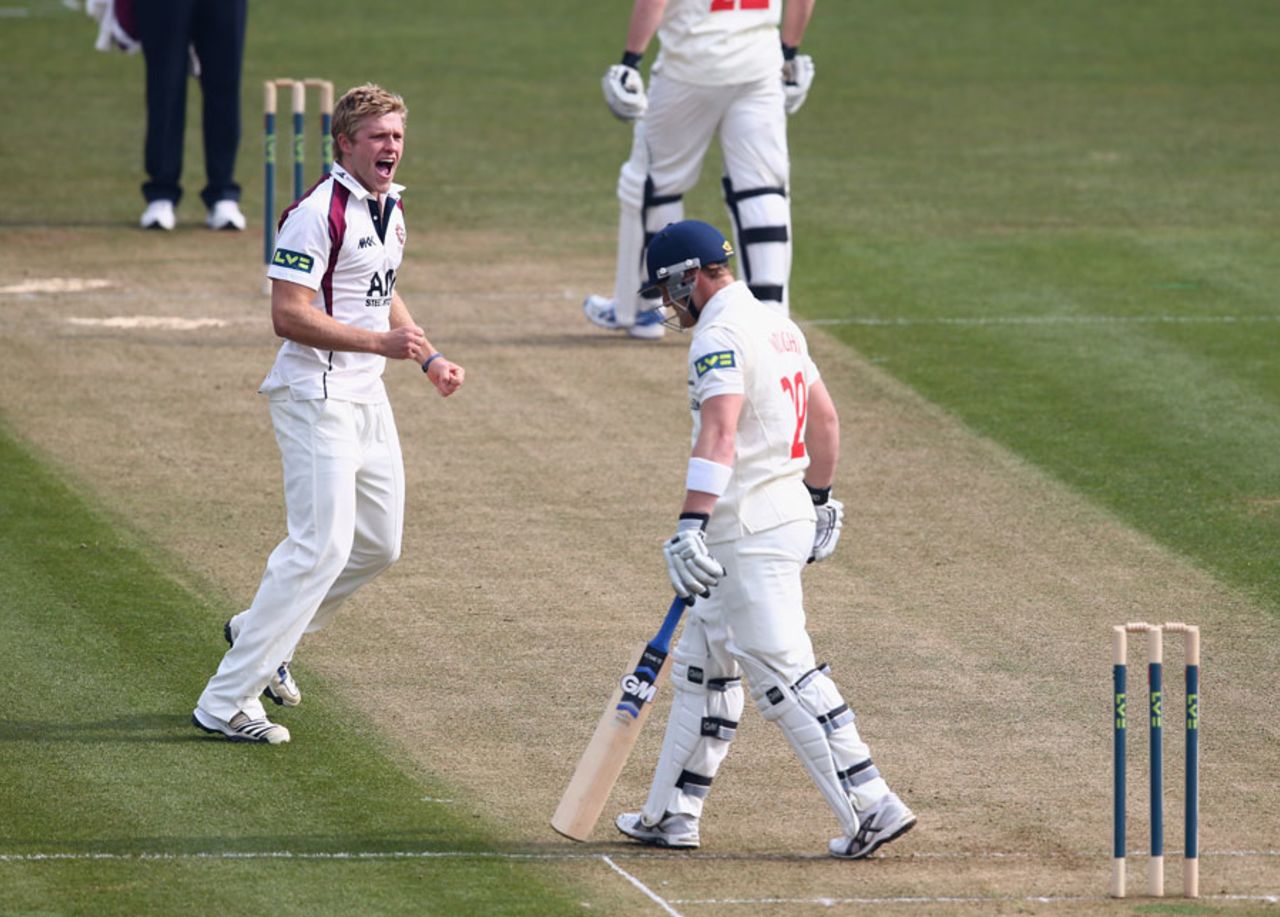 David Willey celebrates taking the wicket of Ben Wright, Glamorgan v Northamptonshire, County Championship, Division Two, Cardiff, 1st day, April 10, 2013