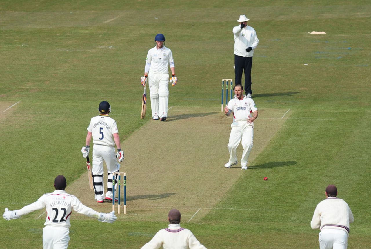 Peter Trego celebrates taking the wicket of Paul Collingwood, Durham v Somerset, County Championship, Division One, Chester-le-Street, 1st day, April 10, 2013