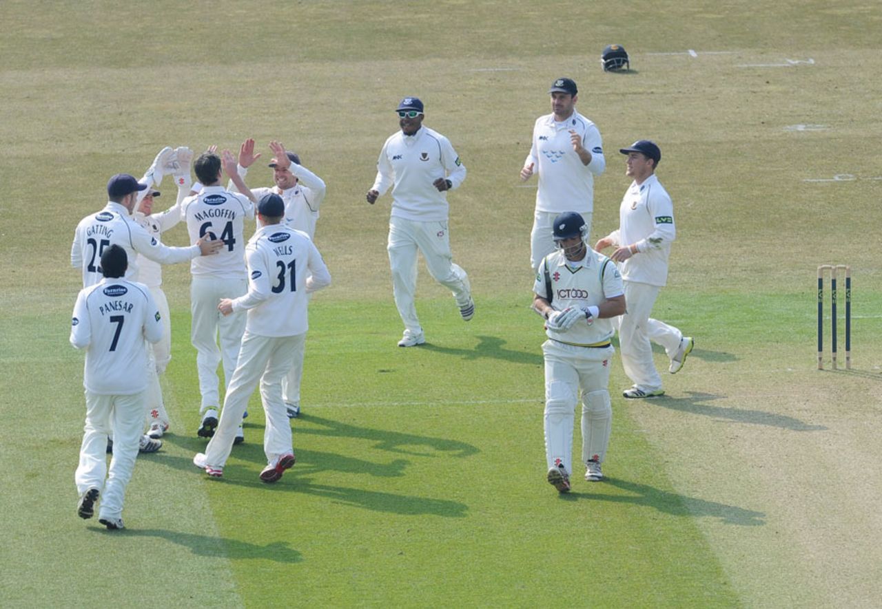 Phil Jaques was one of two wickets for Steve Magoffin, Yorkshire v Sussex, County Championship, Division One, Headingley, 1st day, April 10, 2013