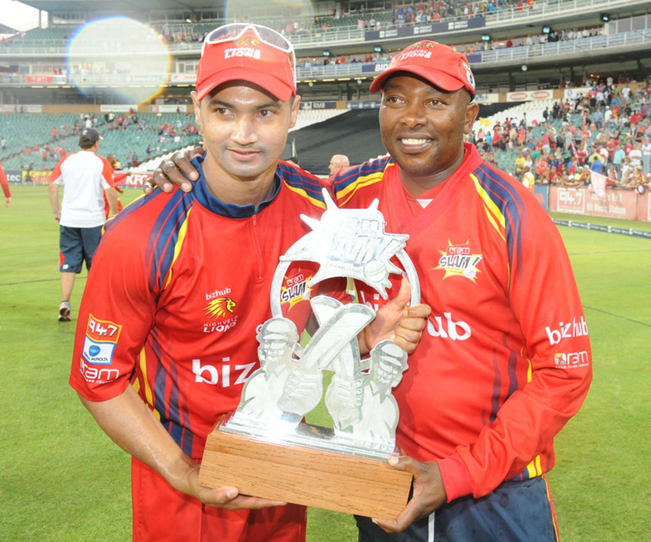 Lions captain Alviro Petersen and coach Geoff Toyana hold the Twenty20 trophy, Lions v Titans, Ram Slam T20 Challenge final, Johannesburg, April 7, 2013