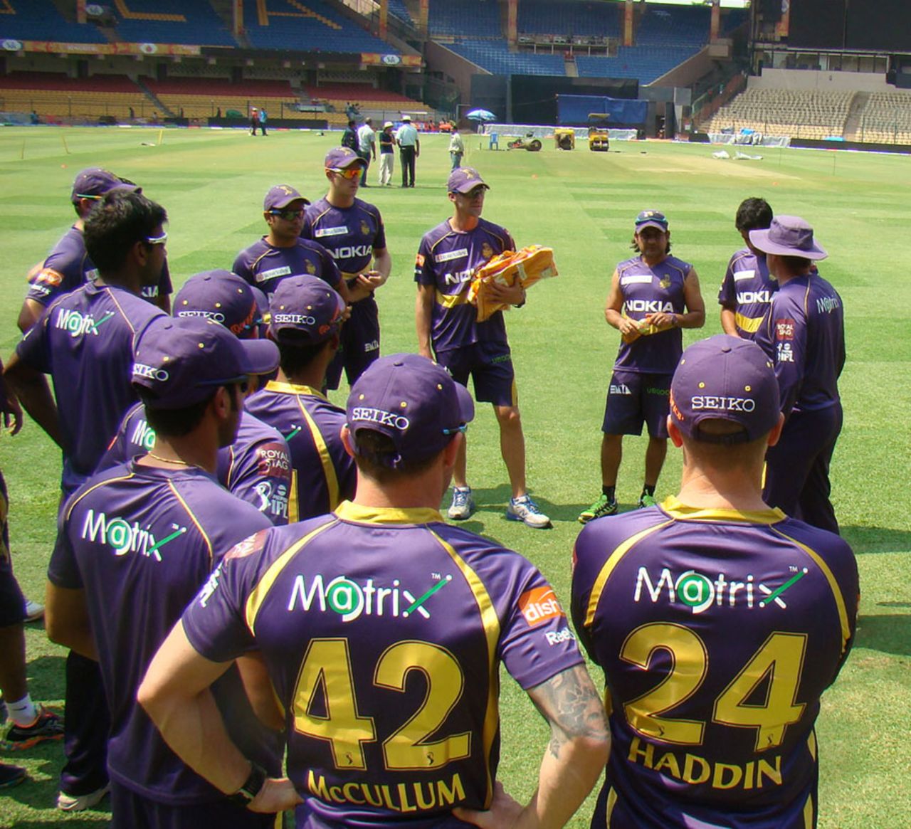 Adrian le Roux (pictured with the jackets), is a trainer with the Kolkata Knight Riders team, IPL 2013, April 11, 2013