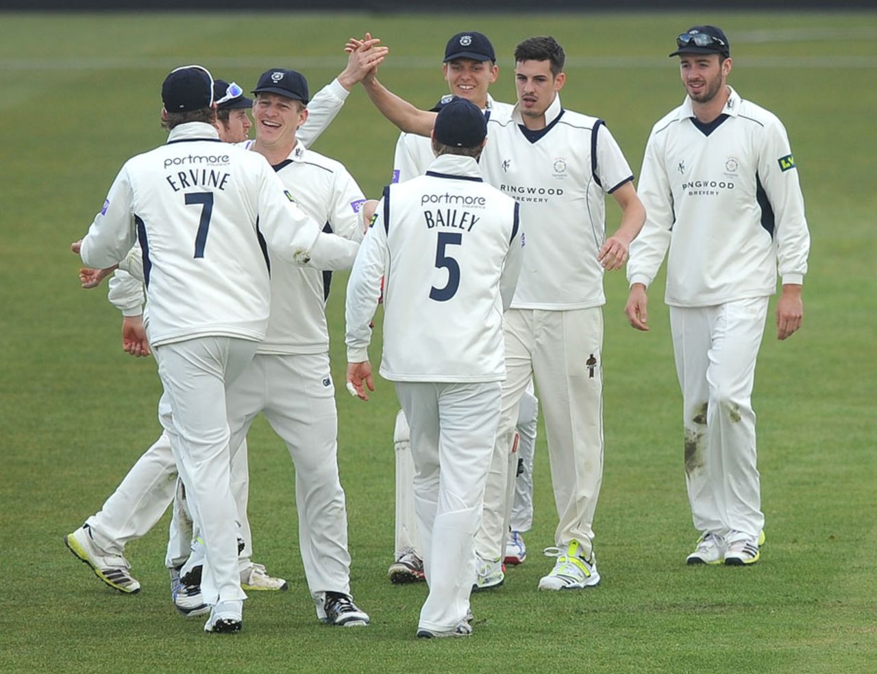 Chris Wood is congratulated on taking a wicket, Hampshire v Leicestershire, County Championship, Division Two, Ageas Bowl, 2nd day, April 11, 2013